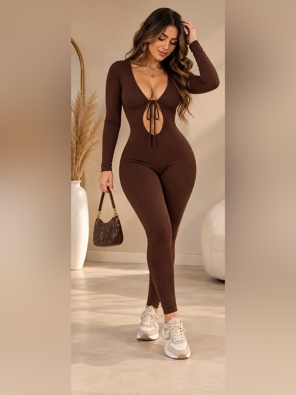 Women’s Long Sleeve Cutout Jumpsuit - Brown